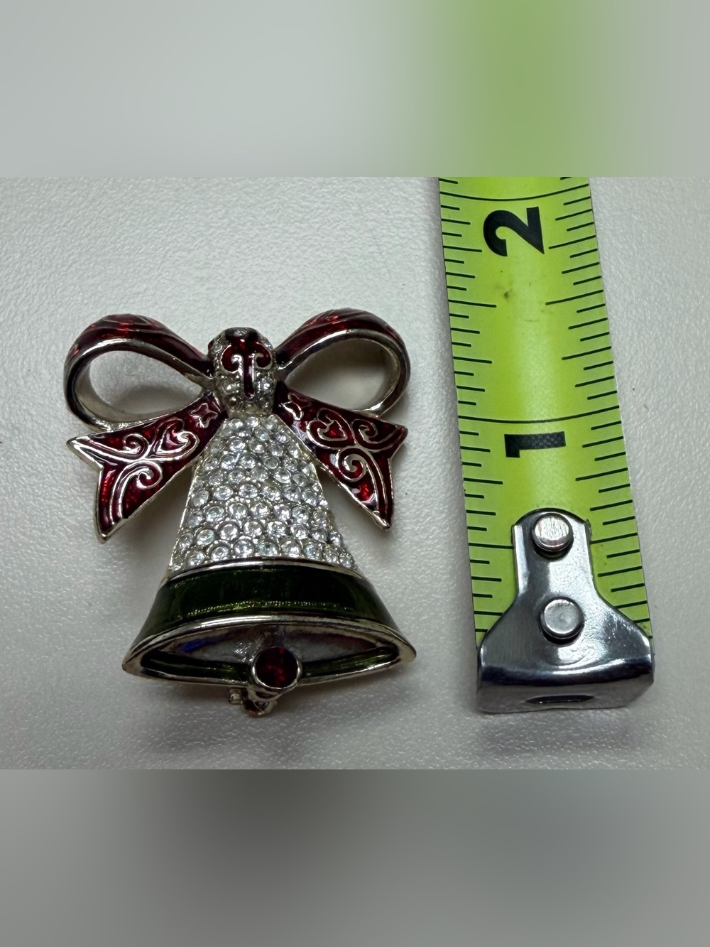 Vintage Monet Silver Rhinestone Christmas Bell Brooch Red Bow Green Enamel